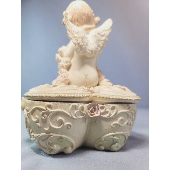 Cherub Trinket Heart Box Bisque Angel w/ Roses Jewelry Valentine Carved Case - Picture 12 of 12